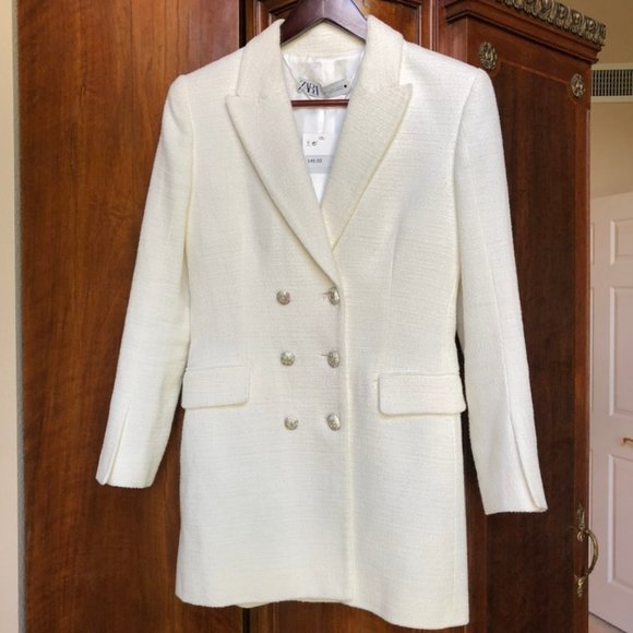 NWT! ZARA TEXTURED BLAZER DRESS LONG WINTER WHITE 3118/273 SMALL Balmain - Picture 4 of 9